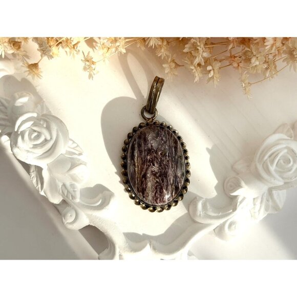 Dark Charoite Gemstone Rope Framed Bezel Set Sterling Silver 925 Vintage Pendant - Picture 2 of 10